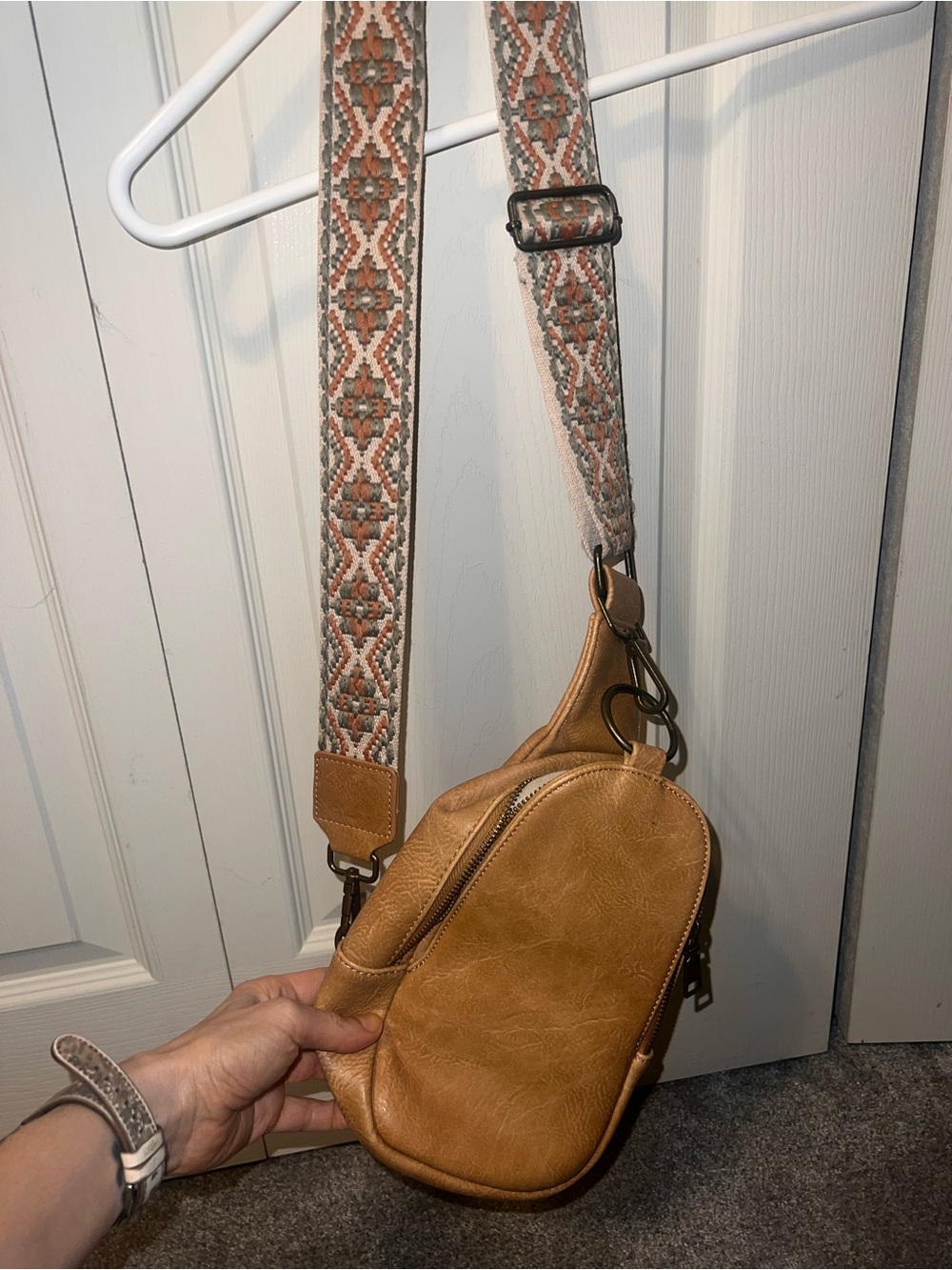 Leather Crossbody Sling Bag in Tan with Patterned Strap